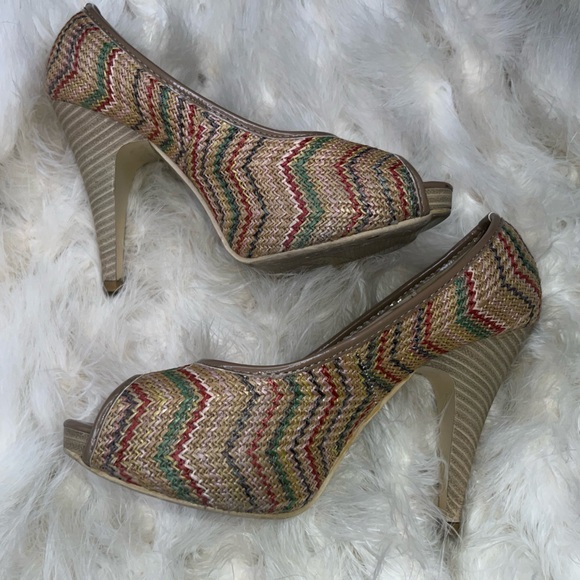 Italian Henry Ferrera Tan Y2K Peep Toe Wicker Wood Heels Stiletto Pumps 8 Italy - Picture 4 of 16